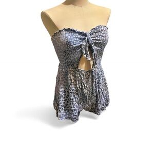 Strapless Tie-Front Romper in Blue Leopard Print